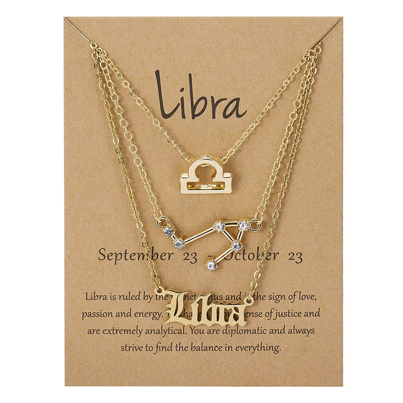 3-Piece Zodiac Sign Necklace Set for Women – Constellation Pendant Choker with Card