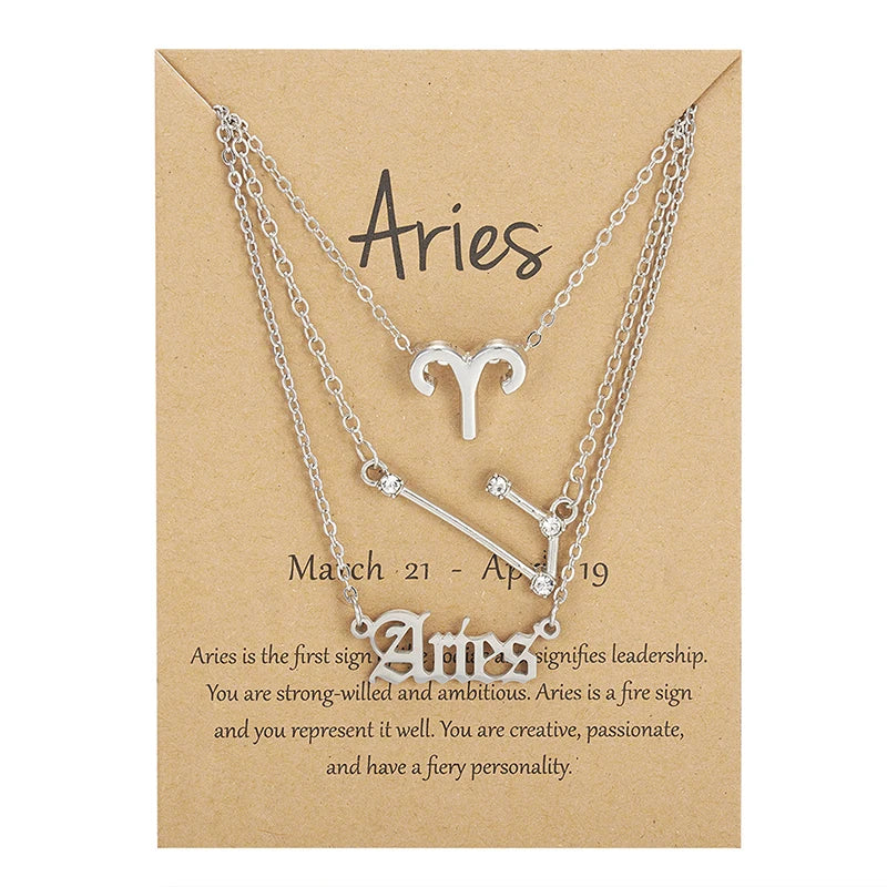 3-Piece Zodiac Sign Necklace Set for Women – Constellation Pendant Choker with Card