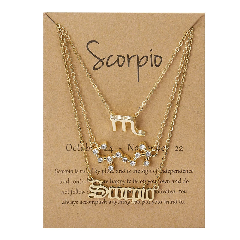 3-Piece Zodiac Sign Necklace Set for Women – Constellation Pendant Choker with Card