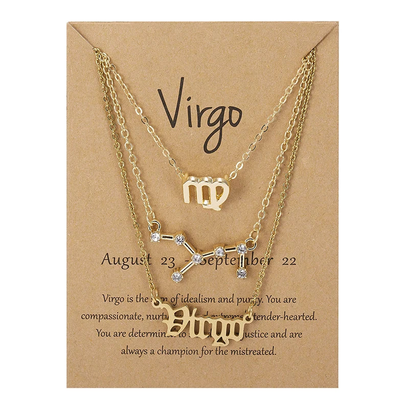 3-Piece Zodiac Sign Necklace Set for Women – Constellation Pendant Choker with Card