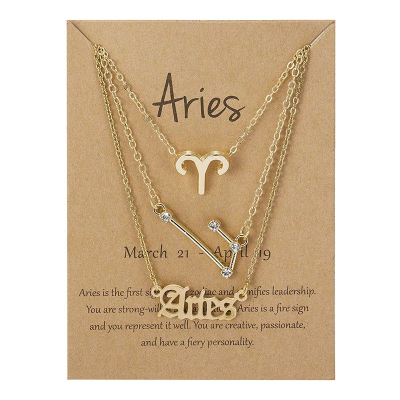 3-Piece Zodiac Sign Necklace Set for Women – Constellation Pendant Choker with Card