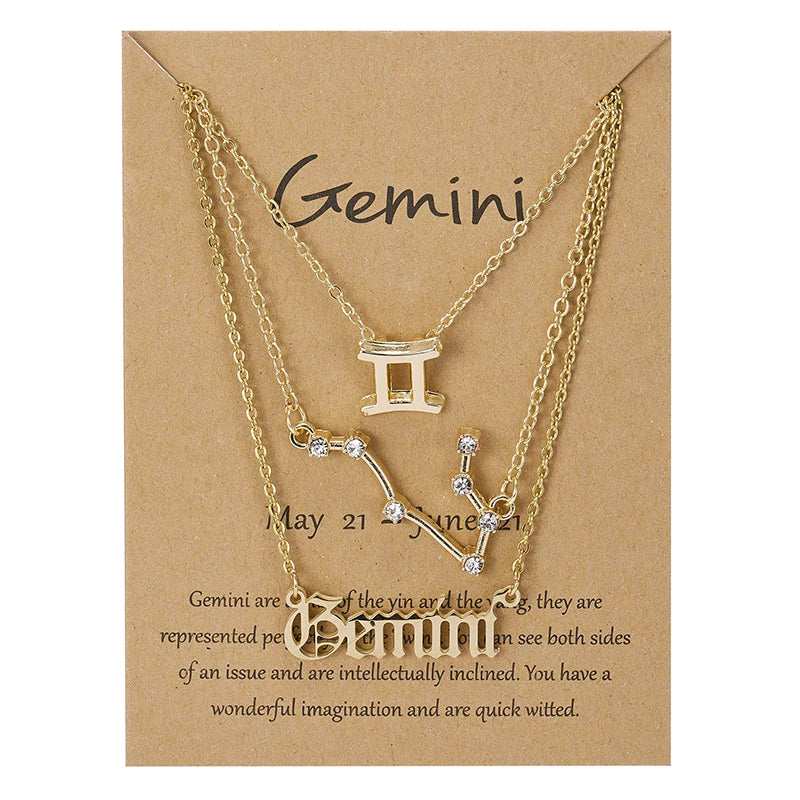 3-Piece Zodiac Sign Necklace Set for Women – Constellation Pendant Choker with Card