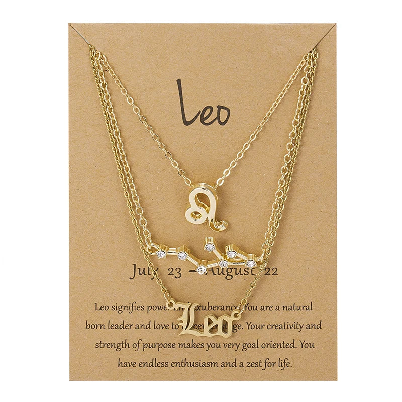 3-Piece Zodiac Sign Necklace Set for Women – Constellation Pendant Choker with Card