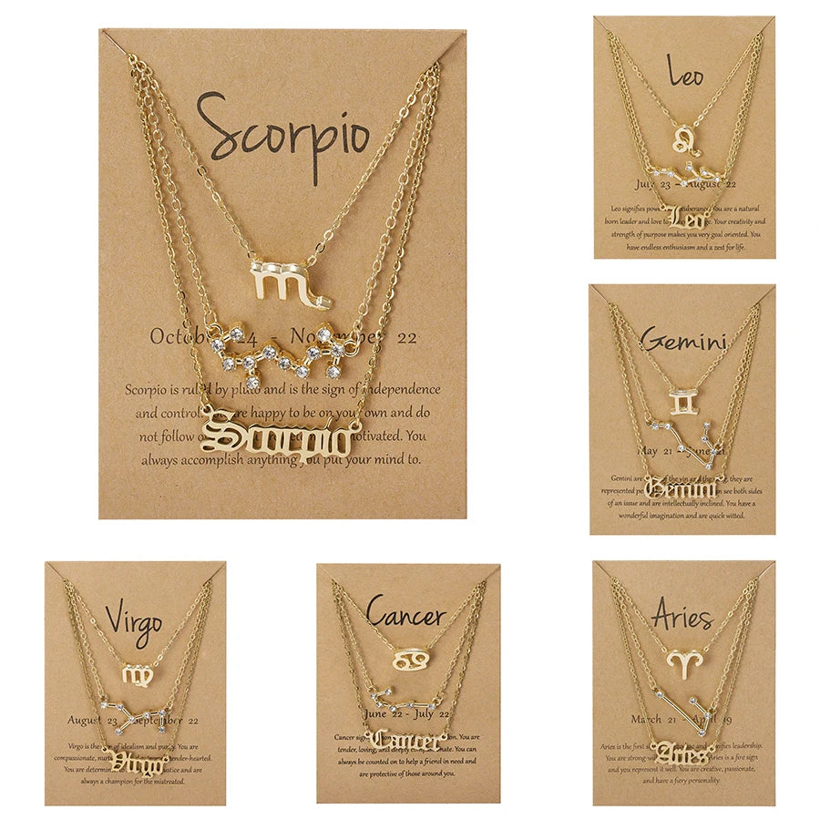 3-Piece Zodiac Sign Necklace Set for Women – Constellation Pendant Choker with Card