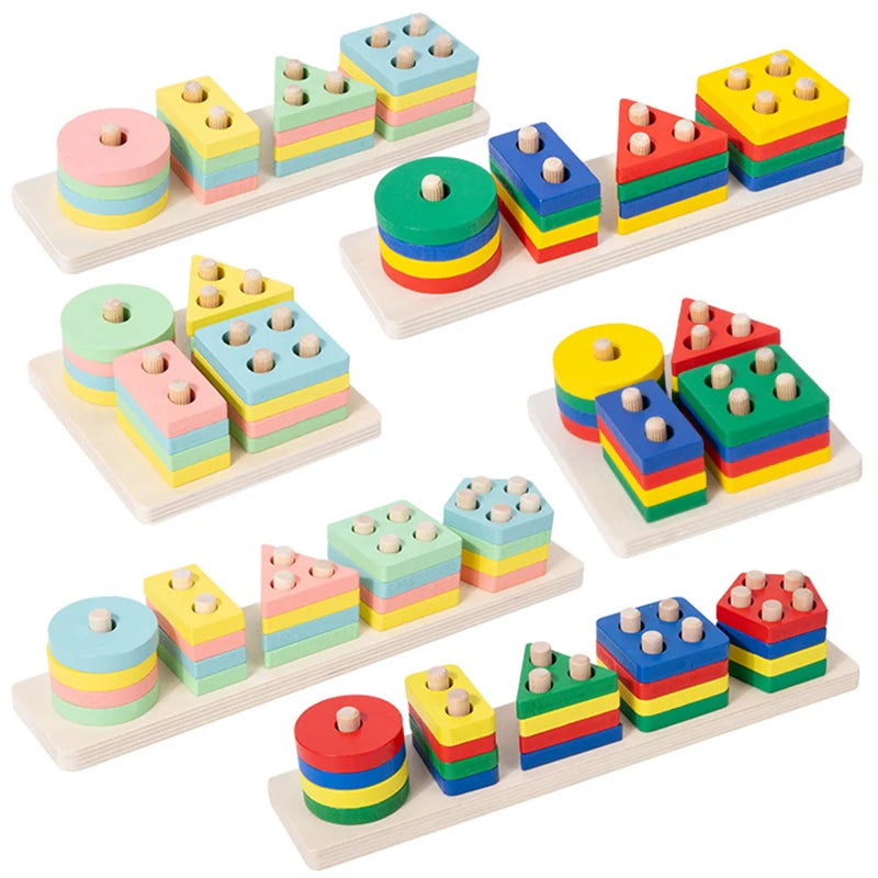 Montessori Wooden Shape Matching & Building Blocks Toy for Kids
