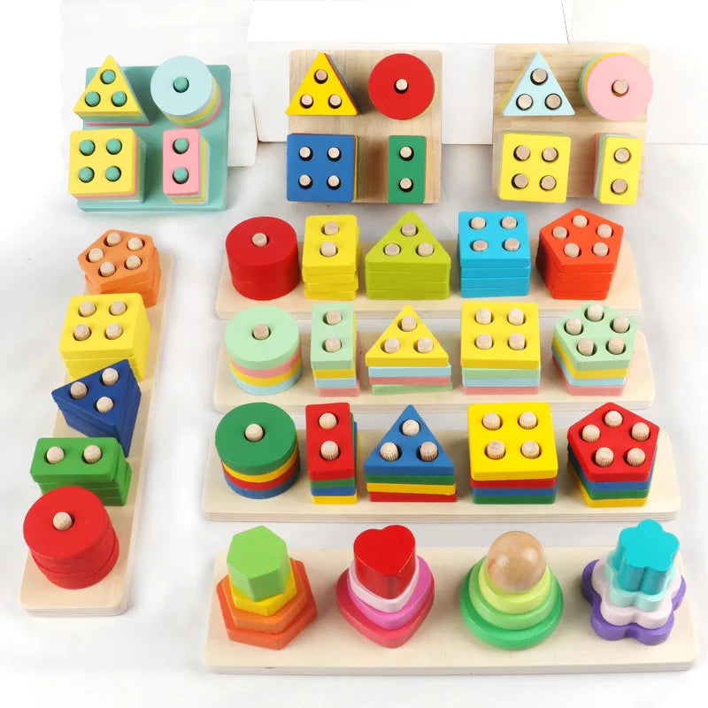 Montessori Wooden Shape Matching & Building Blocks Toy for Kids