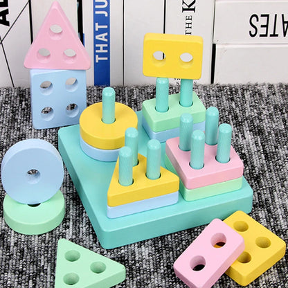 Montessori Wooden Shape Matching & Building Blocks Toy for Kids