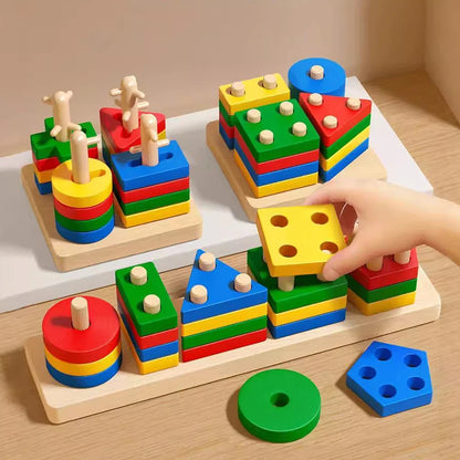 Montessori Wooden Shape Matching & Building Blocks Toy for Kids