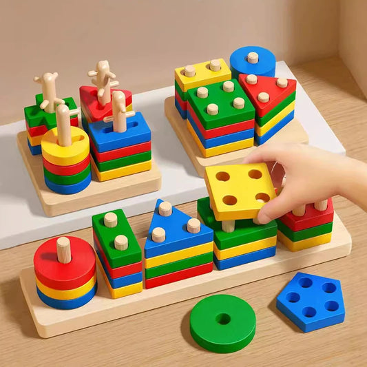 Montessori Wooden Shape Matching & Building Blocks Toy for Kids