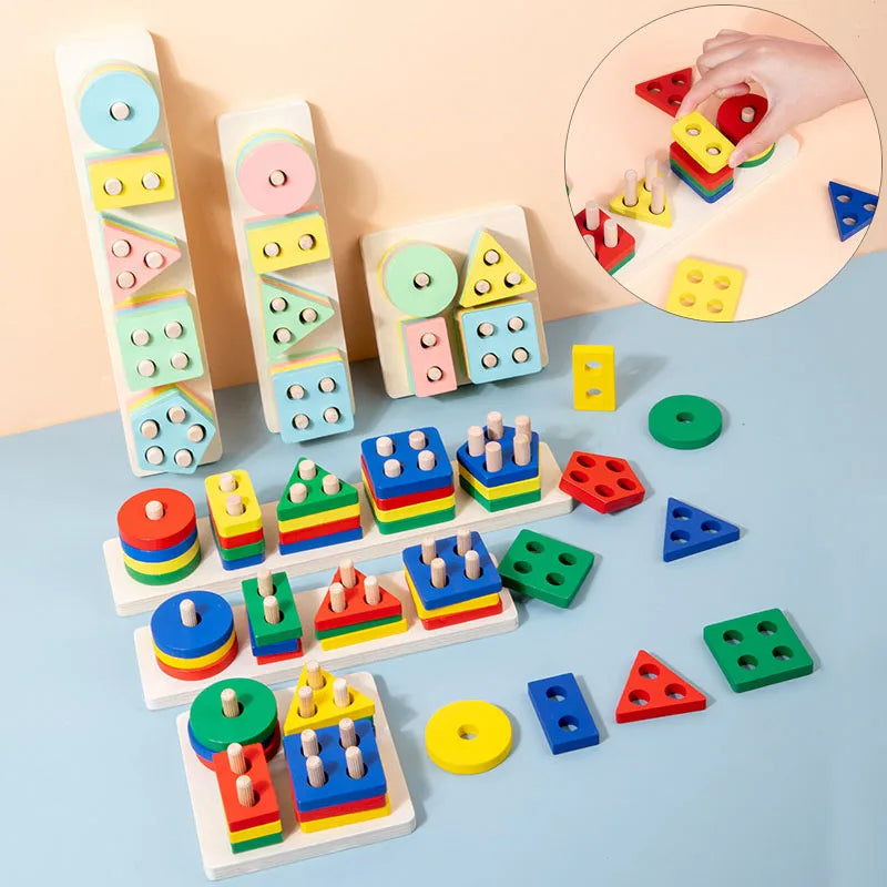 Montessori Wooden Shape Matching & Building Blocks Toy for Kids