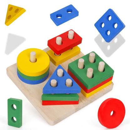 Montessori Wooden Shape Matching & Building Blocks Toy for Kids