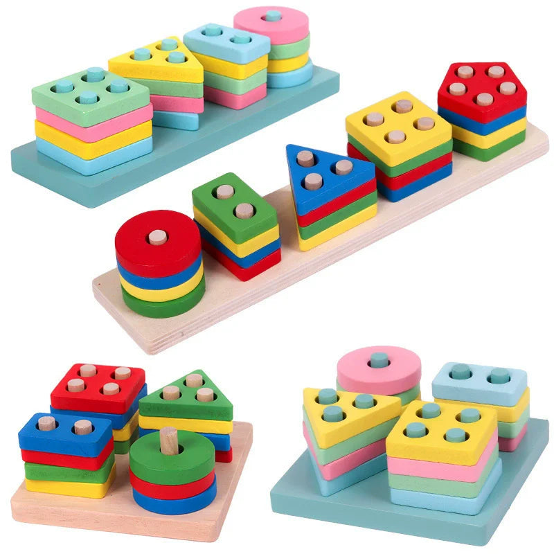 Montessori Wooden Shape Matching & Building Blocks Toy for Kids